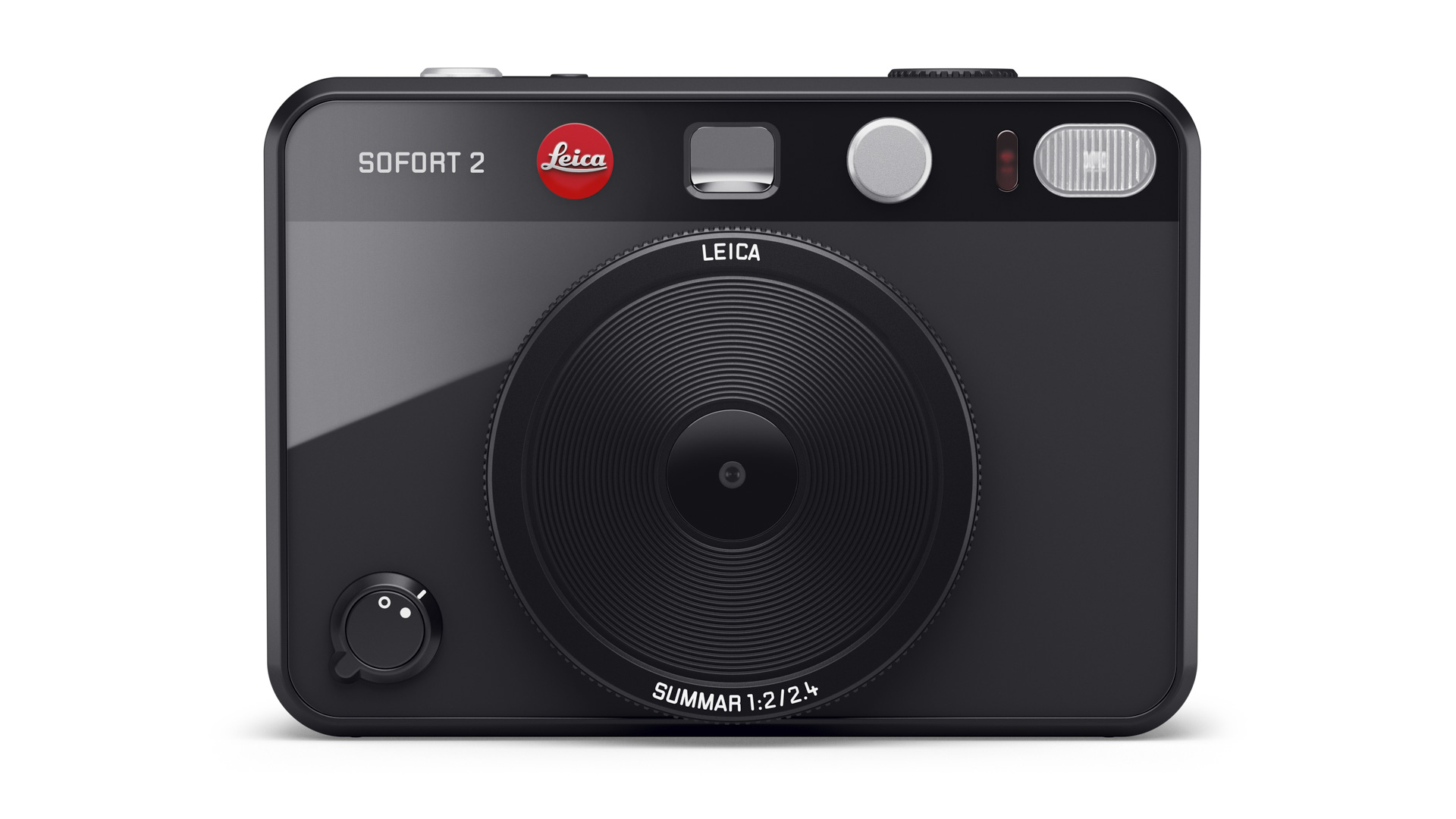 Leica Sofort 2 instant camera in black, on a white background