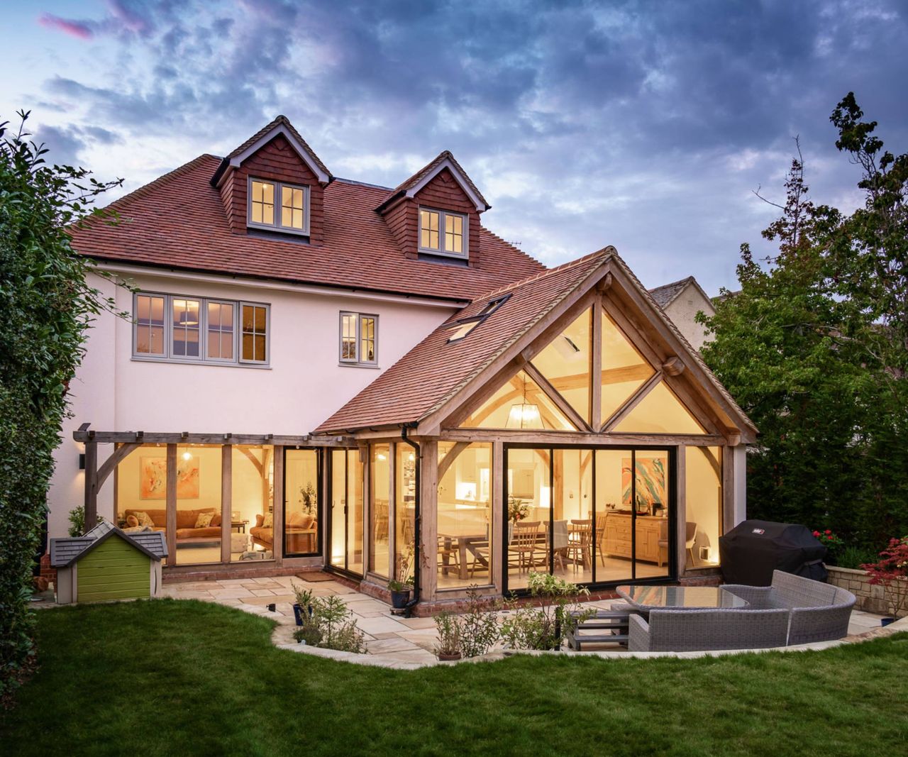 before and after shot of oak frame extension added to semi-detached property