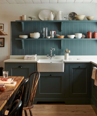 Blue Oak Shaker Kitchen with White Worktops and Butler Sink