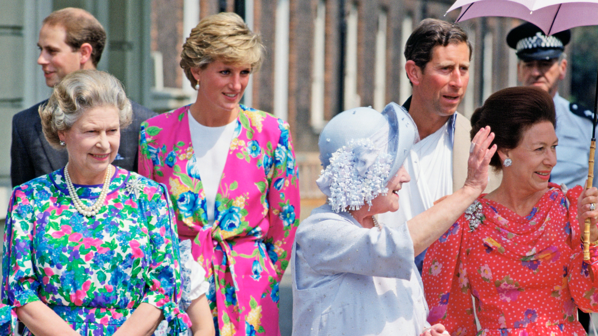 Queen Elizabeth, Princess Diana, Prince Charles, the Queen Mother, and Princess Margaret all wear summer attire