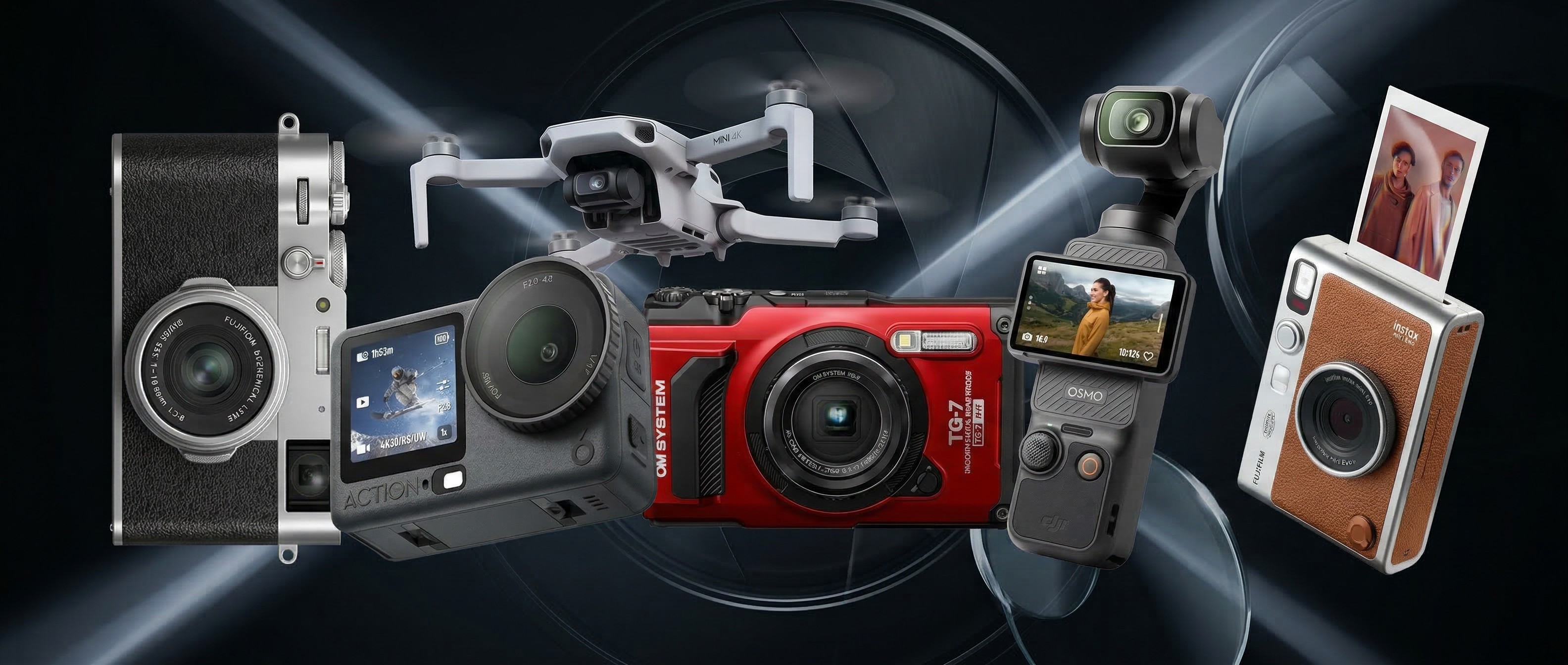 A collection of cameras and drones on a dark photography-themed background