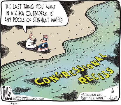 Political cartoon U.S. Zika congressional recess