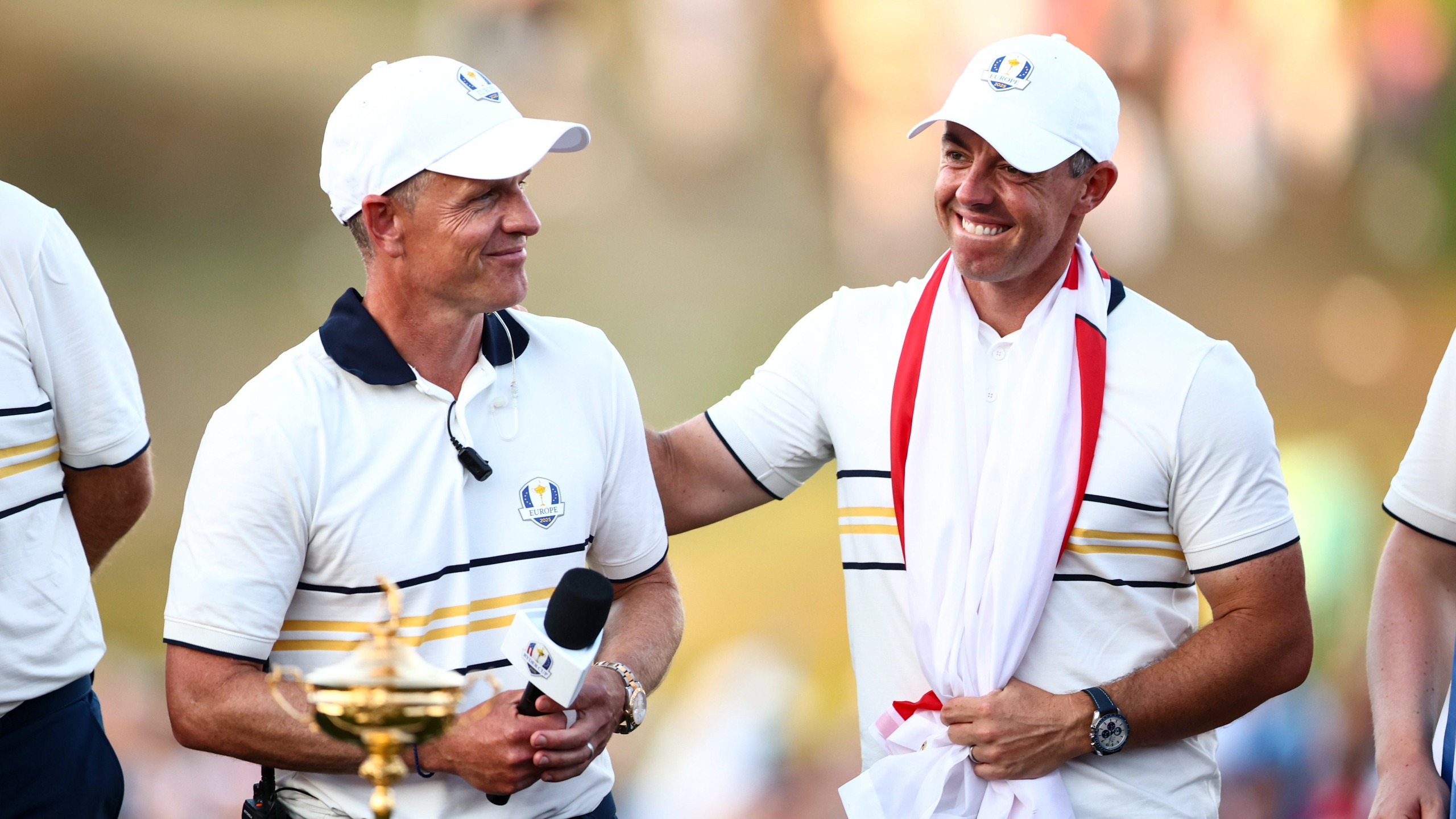 Europe captain Luke Donald, left, and Rory McIlroy on day three of the 2025 Ryder Cup at Bethpage Black.