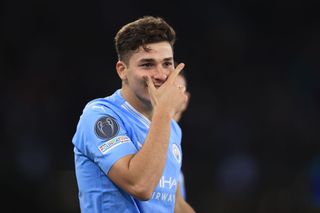 Julian Alvarez of Manchester City celebrates during the UEFA Champions League Group G match between Manchester City and FK Crvena zvezda at Etihad Stadium on September 19, 2023 in Manchester, England. (Photo by Simon Stacpoole/Offside/Offside via Getty Images)