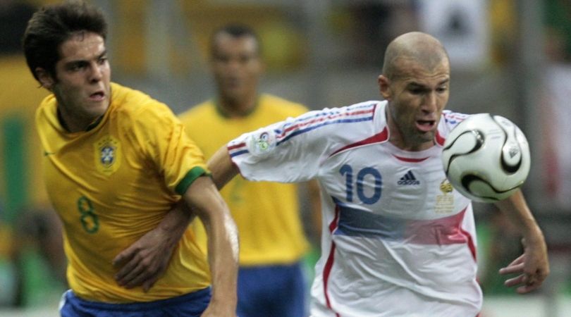 Brazil&#039;s Kaka competes for the ball with France&#039;s Zinedine Zidane at the 2006 World Cup in Germany.