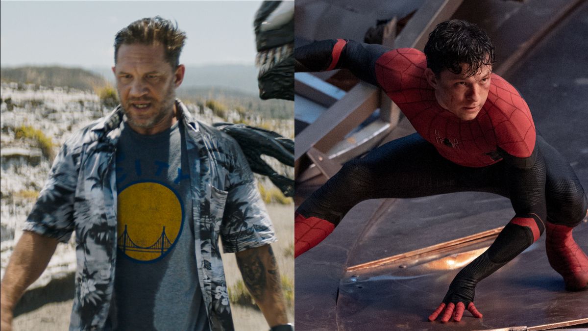 Tom Hardy walks through the desert in frustration with Venom watching in Venom: The Last Dance, shown next to Tom Holland crouching in battle in Spider-Man: No Way Home.