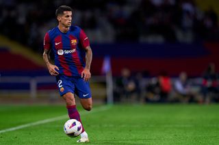 Joao Cancelo of FC Barcelona with the ball during the LaLiga EA Sports match between FC Barcelona and Athletic Bilbao at Estadi Olimpic Lluis Companys on October 22, 2023 in Barcelona, Spain. (Photo by Pedro Salado/Quality Sport Images/Getty Images)