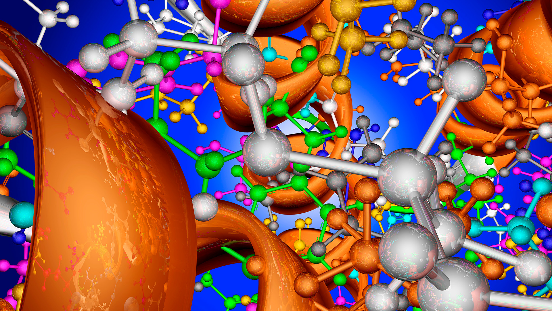 An illustration of ball and stick molecules against a blue background
