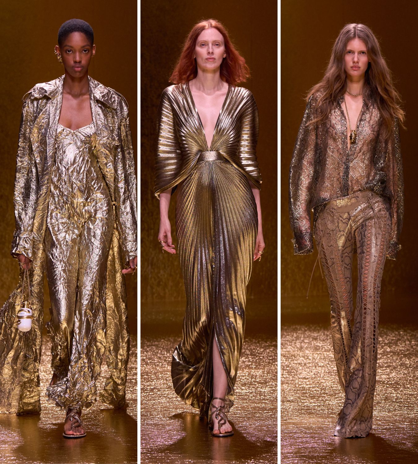 three models wearing gold ensembles for the roberto cavalli ss26 show during milan fashion week