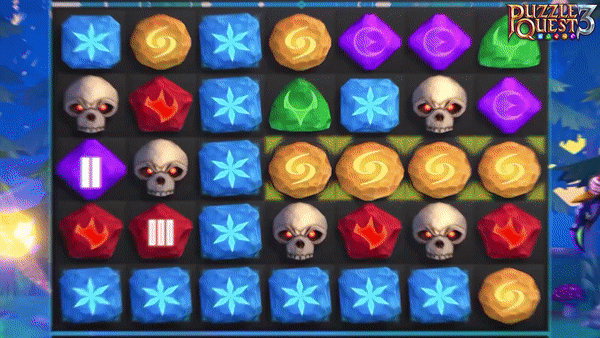 Puzzle Quest 3 board with matching tiles.