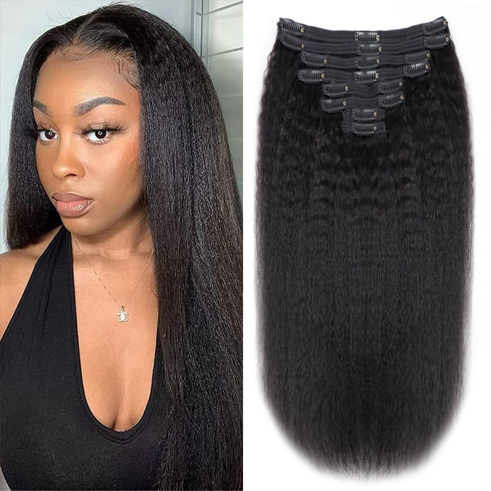 Tahikie Kinky Straight Human Hair Clip in Extensions 120g Full Head Clip Ins for Women 100% Unprocessed Brazilian Virgin Human Hair Yaki Straight Clip Ins Remy Hair Natural Black 8pcs 18clips 16inch