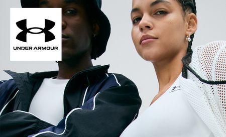Two models posing with Under Armour clothing in blue and white