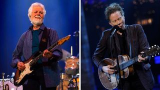 Left-Fred Tackett peforms at Ryman Auditorium on March 16, 2022 in Nashville, Tennessee; Right-Musical guest Tom Waits performs on the Late Show with David Letterman, Thursday May 14, 2015 on the CBS Television Network