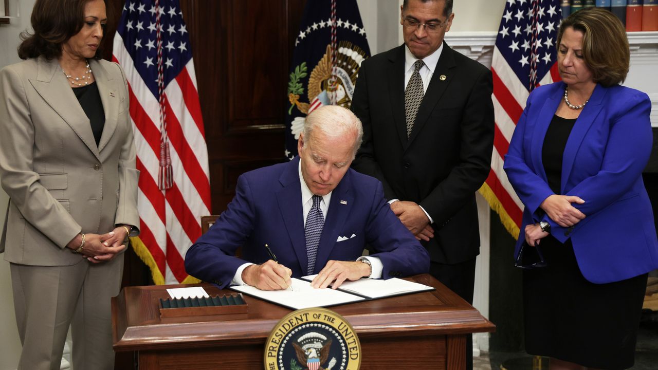 U.S. President Joe Biden signs an executive order on access to reproductive health care services as (L-R) Vice President Kamala Harris, Secretary of Health and Human Services Xavier Becerra, and Deputy Attorney General Lisa Monaco look on