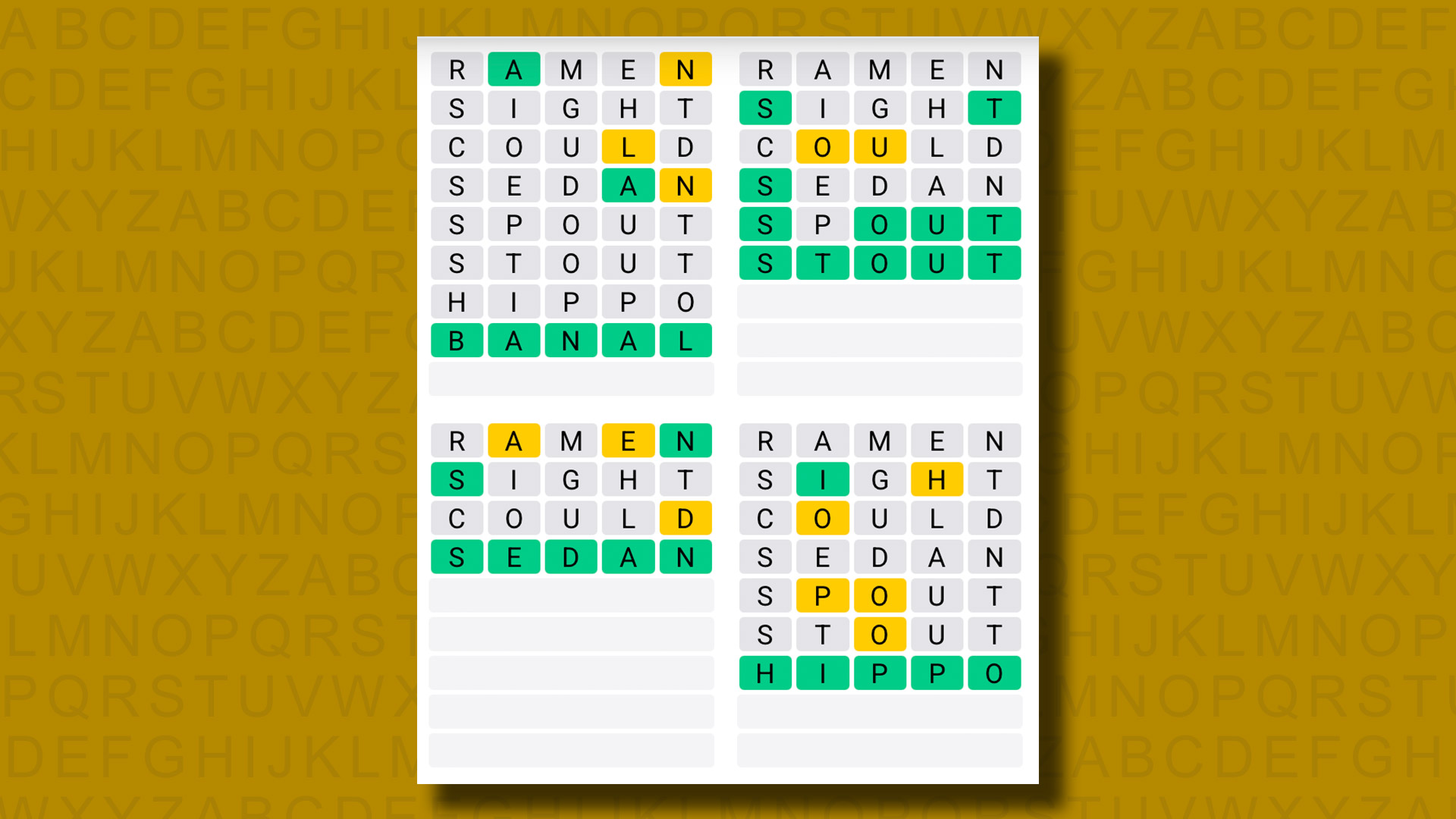 Quordle answers for game 1227 on a yellow background