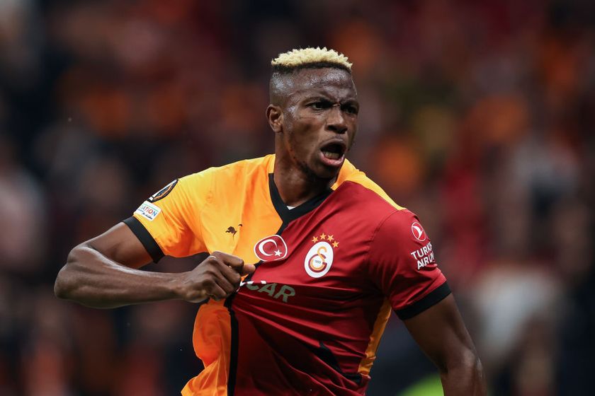 Liverpool target Victor Osimhen of Galatasaray celebrates after scoring his team's second goal during the UEFA Europa League 2024/25 League Phase MD4 match between Galatasaray A.S. and Tottenham Hotspur at Rams Park on November 7, 2024 in Istanbul, Turkey.