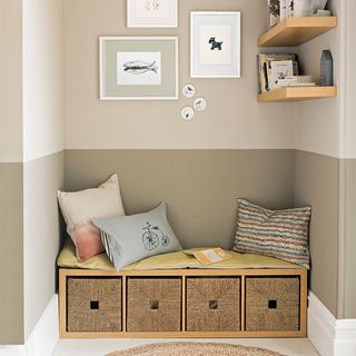 house nook with couch and wall shelves
