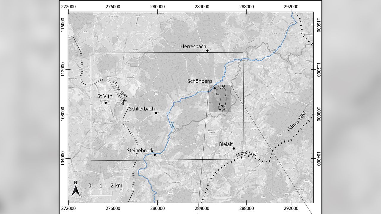 Study areas and position of front lines at the Battle of the Bulge site.