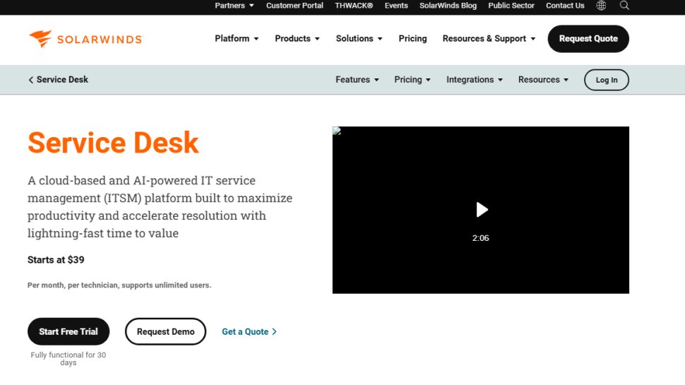 Website screenshot of SolarWinds Service Desk (February, 2026)