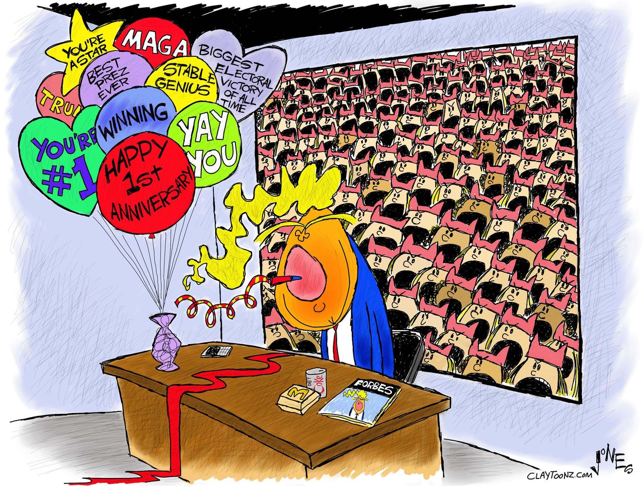 Political cartoon U.S. Trump one year Women&amp;#039;s March