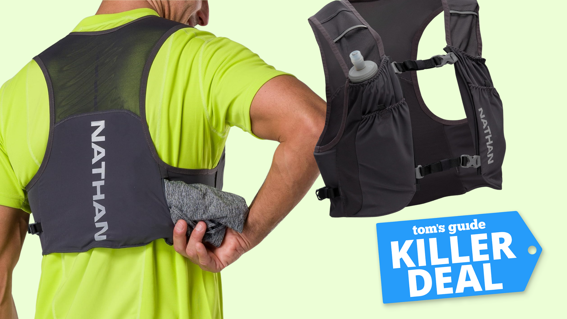 the Nathan Sports Pinnacle FeatherLite Vest from the back and front next to a Tom&#039;s Guide Killer Deal label