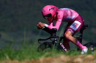 Team UAE's Slovenian rider Tadej Pogacar competes during the 7th stage of the 107th Giro d'Italia cycling race, an individual time trial between Foligno and Perugia, on May 10, 2024 in Foligno. (Photo by Luca Bettini / AFP)