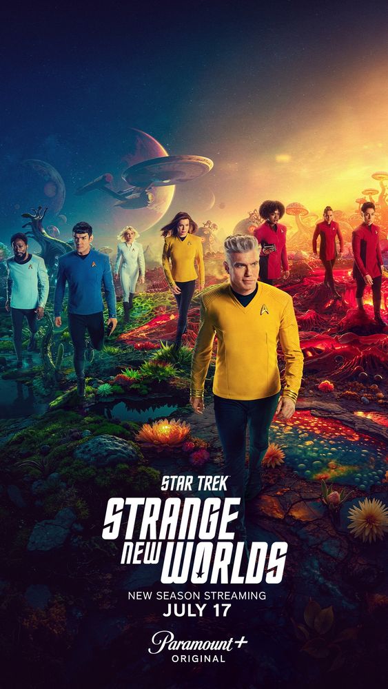 A colorful collection of sci-fi characters with a background of outer space planets and a starship