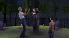 A screenshot of The Sims 2, showing the Grim Reaper holding up a sand timer, standing between an old man and a young boy in a graveyard.