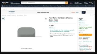 A screenshot of an Amazon store page for the Google Pixel Tablet Dock, which is listed as costing $129