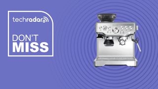 The Breville Barista Express Espresso Machine on a purple background with text saying Don't Miss.