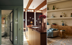 A trio of images: an open doorway into a shower with olive green walls, a kitchen with warm wooden cabinets and brown wall panels, and a living room with taupe walls and a burlwood sideboard