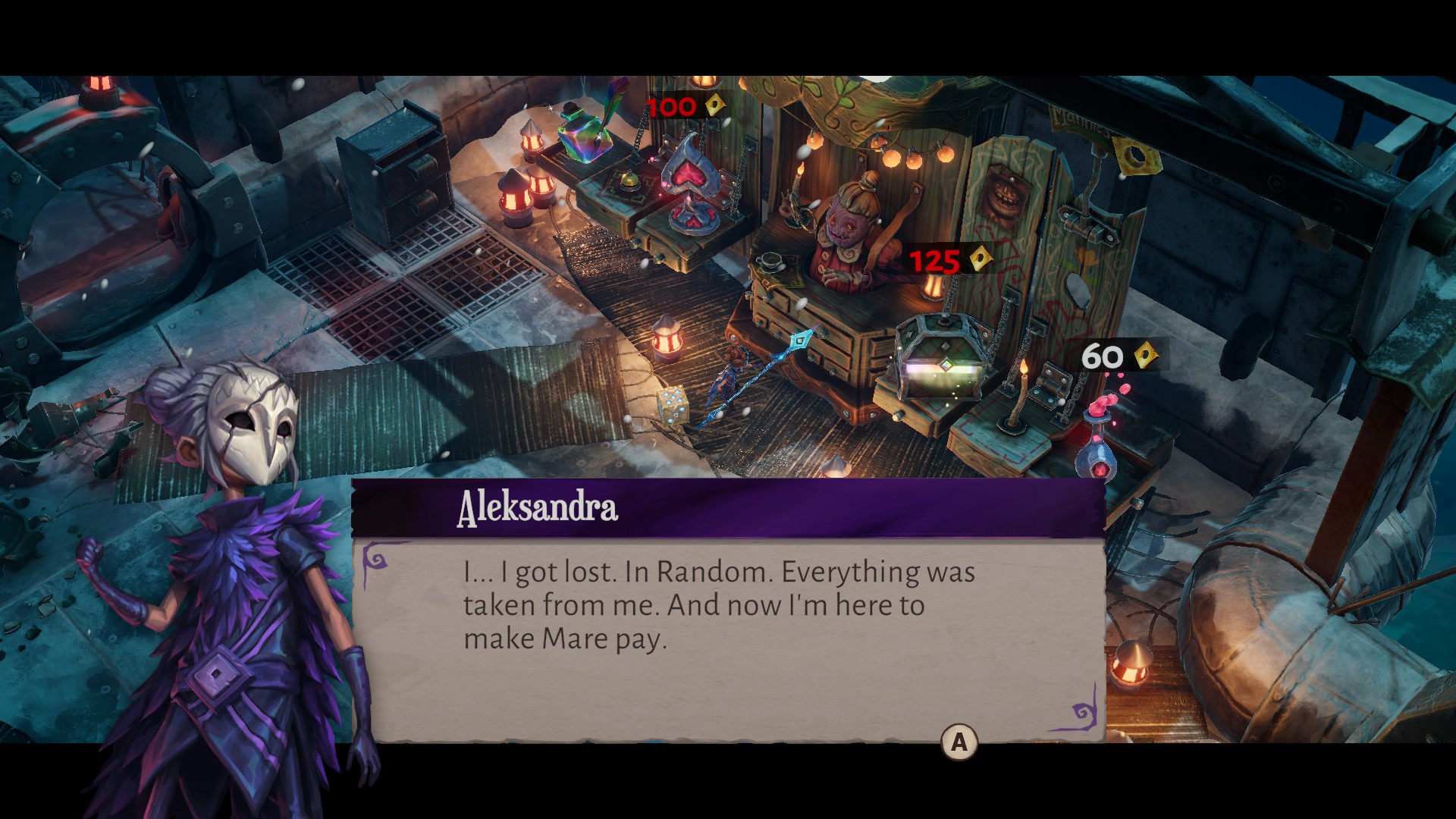Aleksandra explains the premise of Lost in Random: The Eternal Die to the shopkeep: "I... I got lost. In Random. Everything was taken from me. And now I'm here to make Mare pay."