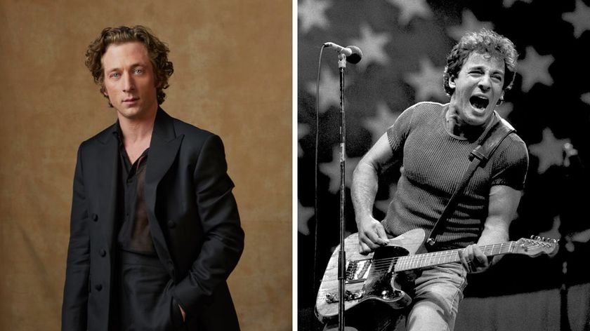 Left-Jeremy Allen White at the portrait booth at the 81st Golden Globe Awards held at the Beverly Hilton Hotel on January 7, 2024 in Beverly Hills, California; Right-Bruce Springsteen and E Street Band perform in concert during the last show of the Born in the U.S.A. Tour, October 2, 1985 in Los Angeles, California