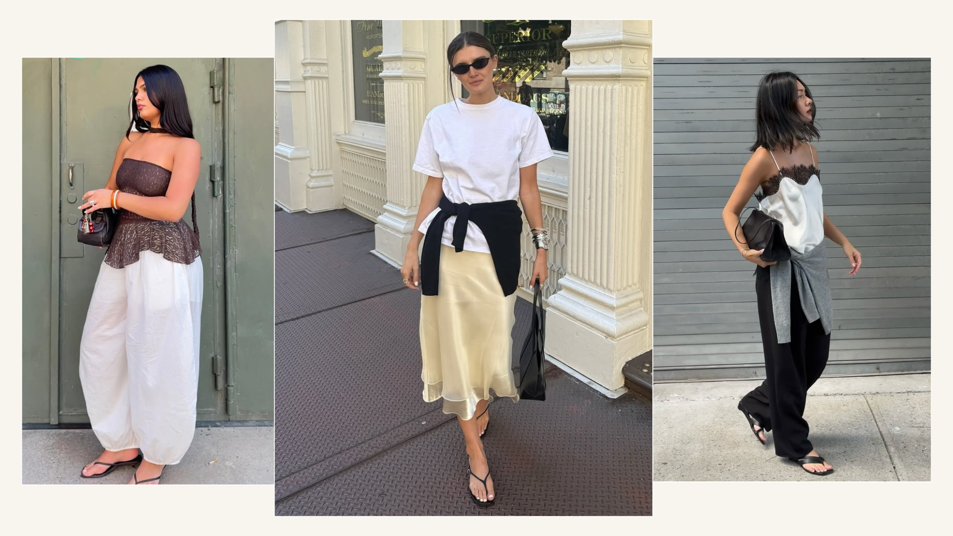 Three ways to wear flip-flops in an elegant outfit