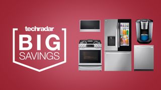 Various major and small appliances on a red background