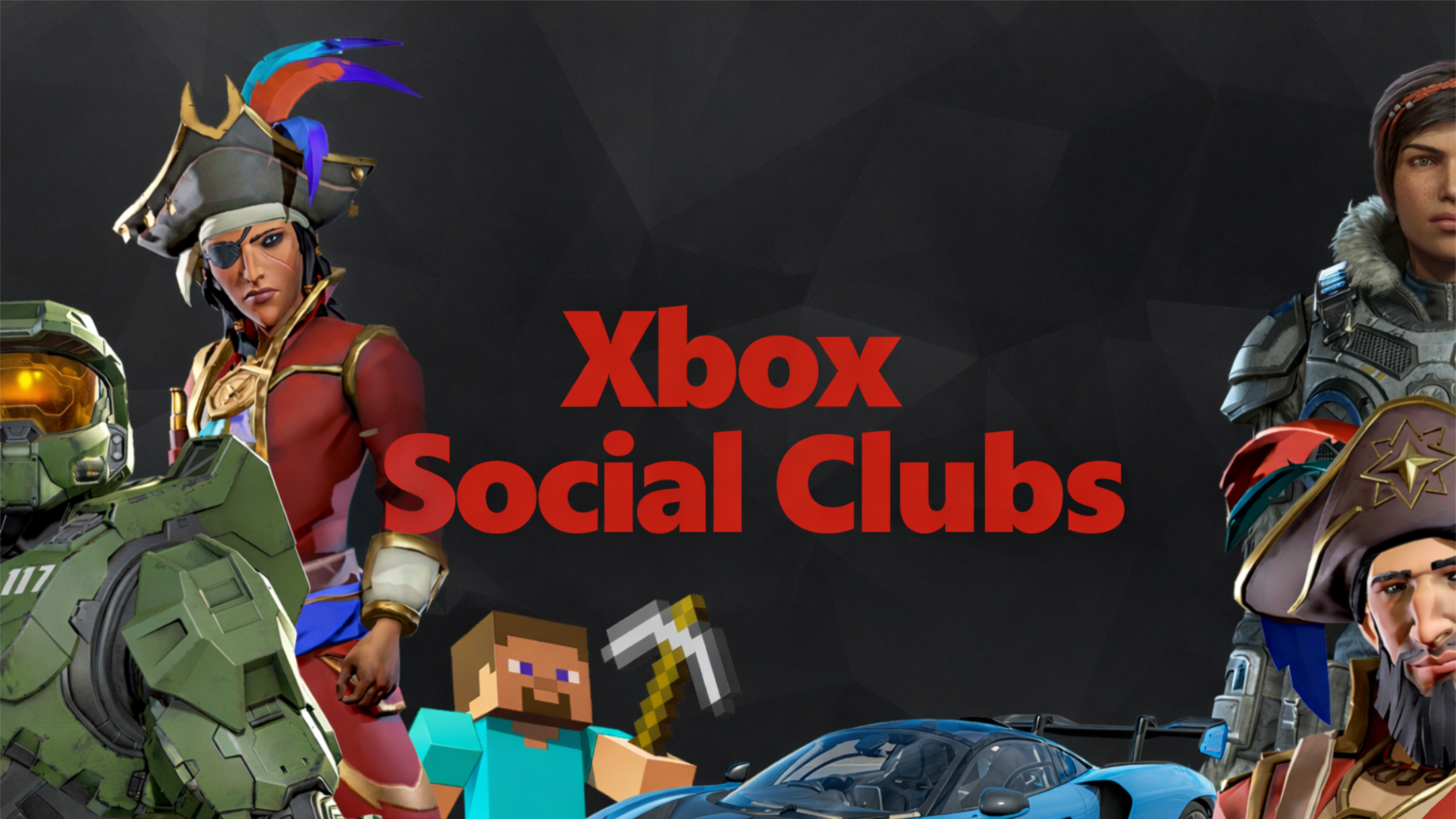 &amp;quot;Collage of video game characters, including Master Chief, Sea of Thieves, and Minecrafts Steve, surround the text 'Xbox Social Clubs' on a dark background.&amp;quot;
