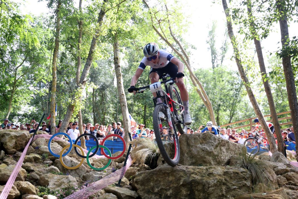 ELANCOURT FRANCE JULY 28 Haley Batten of Team United States competes during the Womens CrossCountry Cycling Mountain Bike Gold Medal race on day two of the Olympic Games Paris 2024 at Elancourt Hill on July 28 2024 in Elancourt France Photo by Jared C TiltonGetty Images