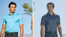 A male golfer models two Greg Norman outfits