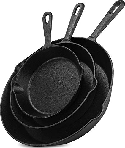 Utopia Kitchen Cast Iron Skillets 3 Piece Set, Chefs Pan, Pre Seasoned Cast Iron Skillets, 6, 8 & 10 Inches, Easy Use in the Oven, Stove, Grill, or Campfire, Black