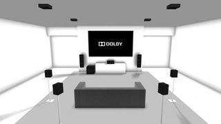 An illustration of a Dolby Atmos surround sound system within the home