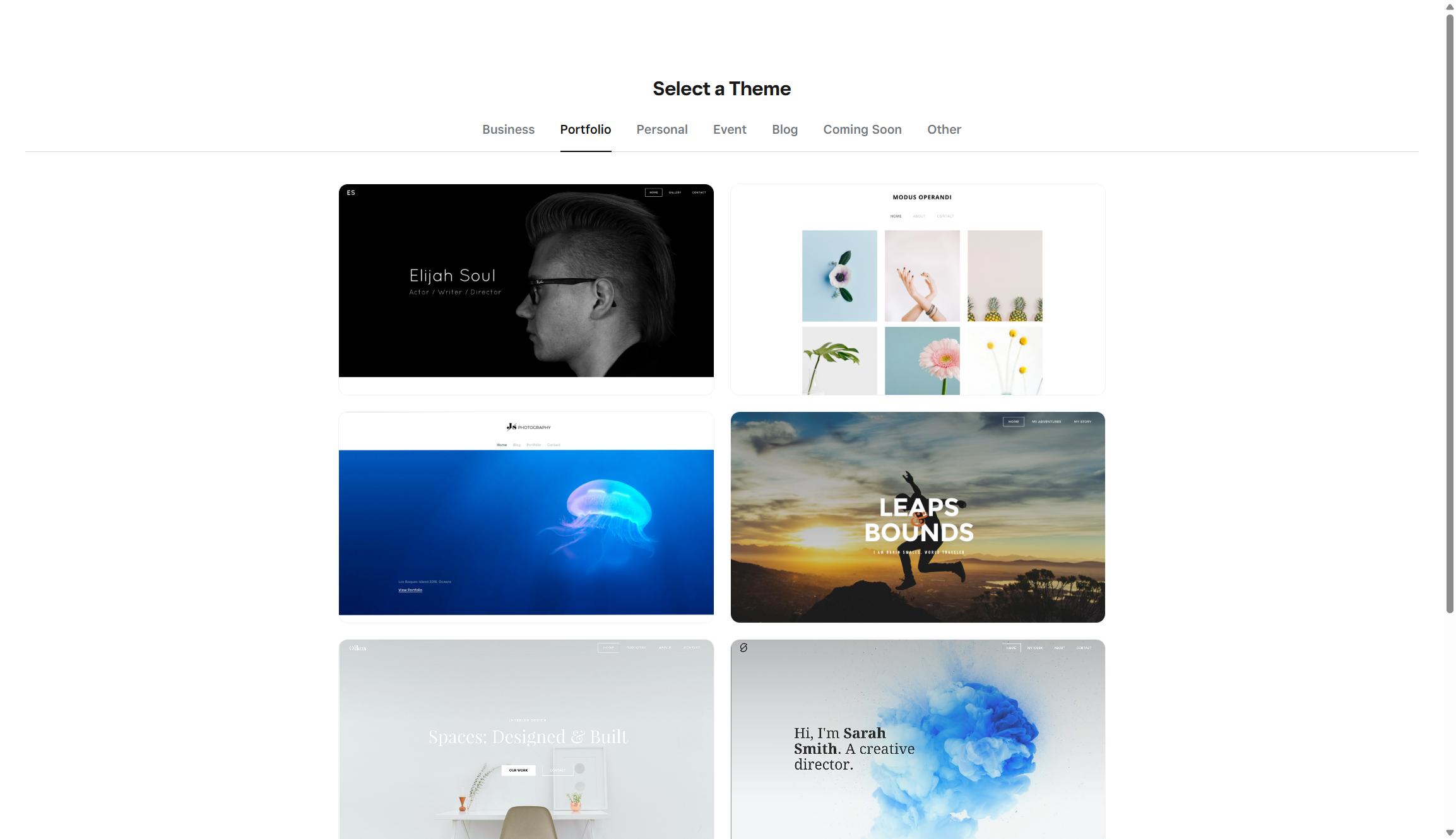 Screenshot of Weebly website template options on a white background