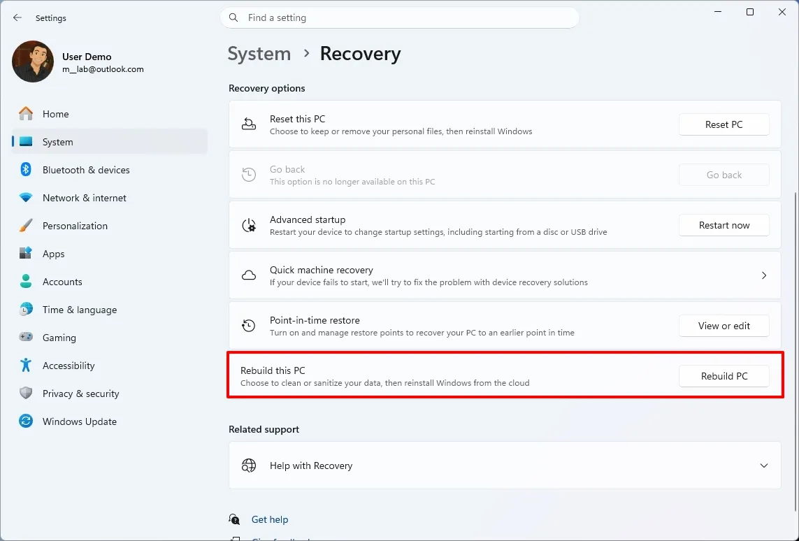 Параметры восстановления и Cloud Rebuild в настройках Windows 11