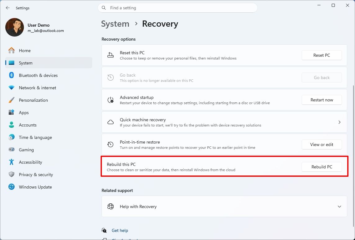 Windows 11 Settings showing the Rebuild this PC option.