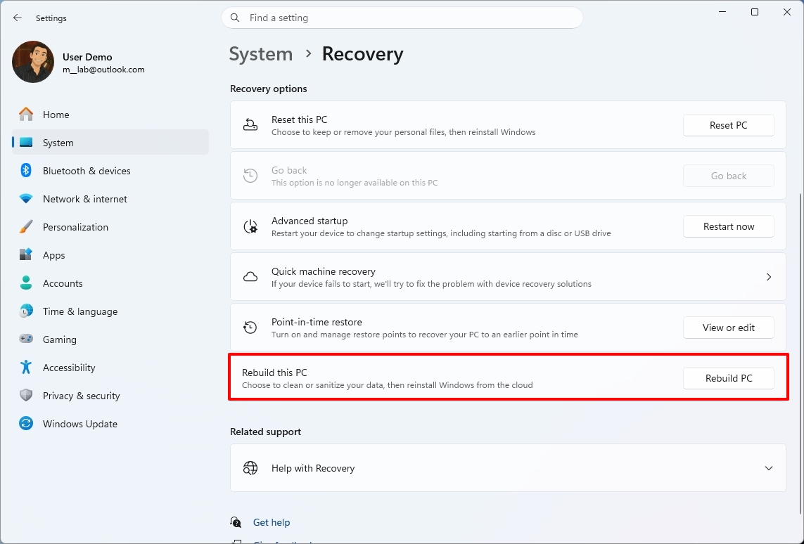 Windows 11 Settings showing the Rebuild this PC option.