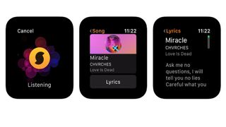 Skjermbilder av appen Soundhound på Apple Watch.