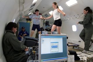 Volunteers walk and run during moon gravity mobility tests on a parabolic flight as part of a new study.