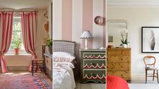 Three pictures of narrow bedrooms - one with a window with striped pink and white curtains and a dark pink rug, one of a green bed with pink striped walls behind it and green drawers next to it, and one white bedroom with light wooden drawers with a white piped mirror above it and a wooden chair next to it