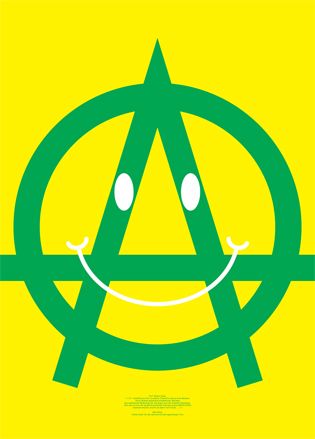 A green letter A with a circle around it and a white smiley face over it on a yellow background.