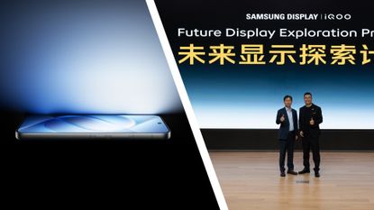 A collage image. On the left is a phones a phone screen emitting an extremely bright light from the screen. On the right are two business executives on stage greeting each other