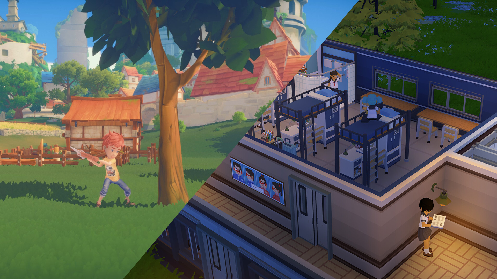 In-game screenshots of My Time at Portia and Let&#039;s School